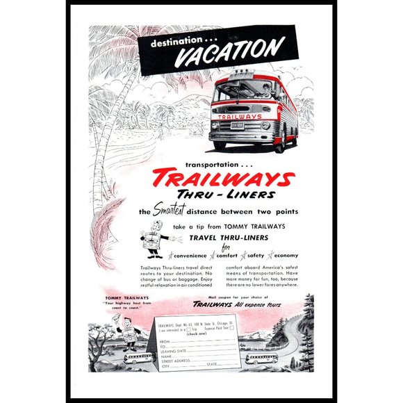 1953 Trailways Coach Bus Liners Vintage Print Ad Florida Beach Palm Trees Art - Picture 1 of 1